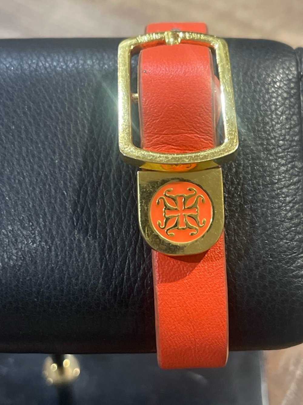 Rustic Cuff Orange Leather Bracelet with Gold Emblem Buckle